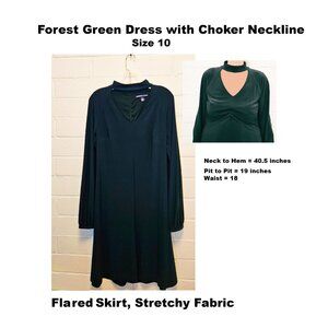 Dark Green Dress with Choker Neckline, Flared Skirt, Long Sleeves Size 10